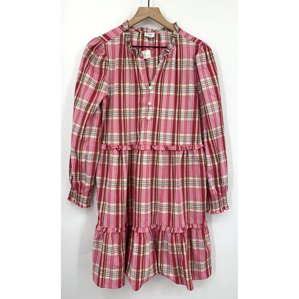 J Crew Dress 10 Pink Green Plaid Cotton Lightweight Fall Prairie Colorful NEW